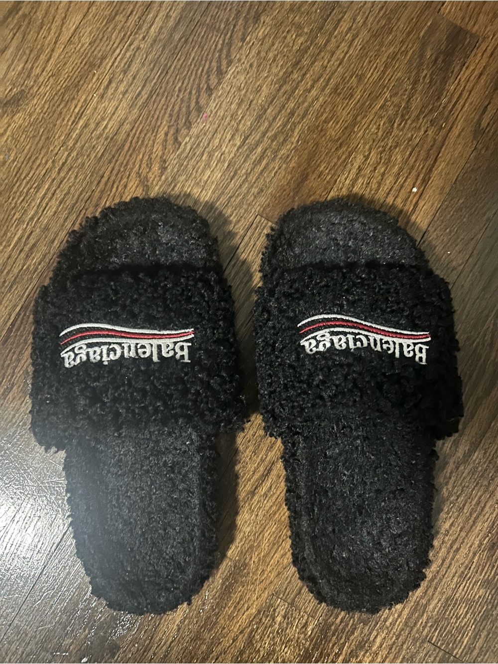 Balenciaga Black Fuzzy Logo Slide Sandals